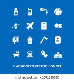 Modern, simple vector icon set on blue background with kid, potato, machine, old, mobile, communication, hand, finger, screwdriver, xray, scan, telephone, church, baby, caravan, hammer, building icons