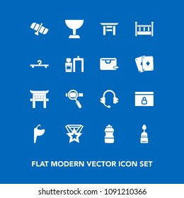 Modern, simple vector icon set on blue background with bed, japan, sound, speaker, planet, station, bathroom, sweet, sink, tap, cradle, space, research, baby, water, search, internet, orbit, web icons