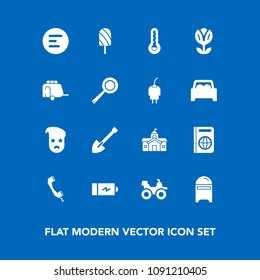 Modern, simple vector icon set on blue background with battery, envelope, dirt, summer, ice, button, equipment, tourism, app, mailbox, temperature, quad, graphic, shovel, immigration, government icons