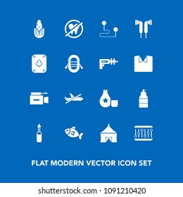 Modern, simple vector icon set on blue background with cuisine, concept, equipment, video, japan, circus, japanese, health, map, sake, microphone, paint, corn, medicine, point, destination, film icons