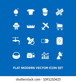 Modern, simple vector icon set on blue background with television, energy, school, tap, object, food, camera, rucksack, kid, game, baby, antenna, child, full, business, play, ice, video, water icons