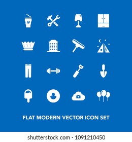 Modern, simple vector icon set on blue background with sign, food, interior, celebration, queen, photo, trousers, clothing, wrench, web, profile, spoon, cooking, king, spanner, avatar, hammer icons