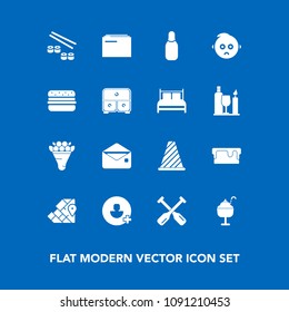 Modern, simple vector icon set on blue background with flower, decoration, paper, pie, paddle, envelope, communication, business, map, sign, atlas, document, food, ice, cake, street, pink, canoe icons