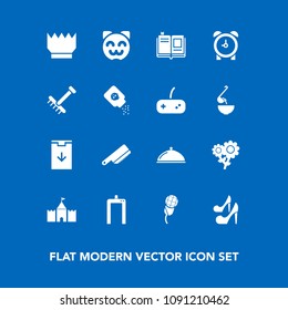 Modern, simple vector icon set on blue background with mic, education, animal, crown, cute, book, royal, cat, music, floral, tower, beauty, flower, audio, sound, knife, textbook, download, food icons
