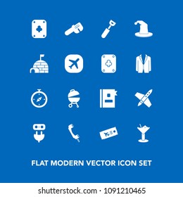 Modern, simple vector icon set on blue background with flight, communication, power, directory, game, space, kitchen, poker, grill, airplane, telephone, electricity, cocktail, drink, alcohol icons