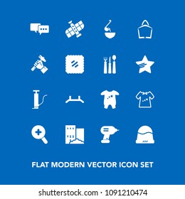 Modern, simple vector icon set on blue background with industry, planet, speech, cap, headwear, food, station, building, drill, dinner, up, foreman, child, baby, soup, sign, technology, helmet,  icons