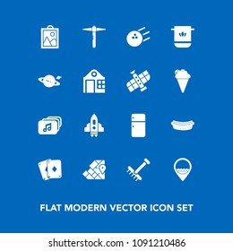 Modern, simple vector icon set on blue background with spaceship, game, world, bowling, dinner, poker, fridge, picture, technology, sport, bathroom, hotdog, travel, refrigerator, food, map, meat icons
