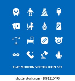 Modern, simple vector icon set on blue background with road, street, glasses, cabinet, law, swine, ufo, call, pig, object, background, poker, piglet, fiction, phone, traffic, game, space, sign icons