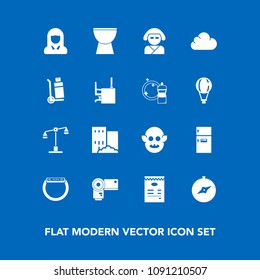 Modern, simple vector icon set on blue background with kitchen, japan, musical, camera, monster, photography, balance, law, real, smart, compass, photo, face, judge, ufo, house, technology, time icons