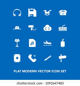 Modern, simple vector icon set on blue background with equipment, communication, blow, business, cowboy, plane, hair, clean, note, cloud, poker, sign, duck, way, sheriff, soap, play, baby, west icons