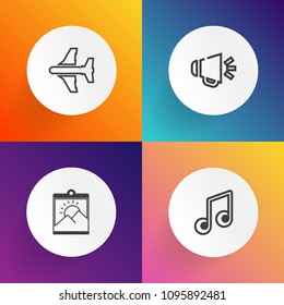 Modern, simple vector icon set on gradient backgrounds with photo, audio, speaker, aviation, white, treble, picture, vintage, sky, aircraft, volume, musical, airplane, graphic, retro, travel icons