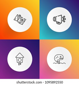 Modern, simple vector icon set on gradient backgrounds with home, house, speaker, nature, box, fresh, loud, road, gps, pin, garden, seafood, fishing, ocean, volume, sound, birdhouse, food, sea icons