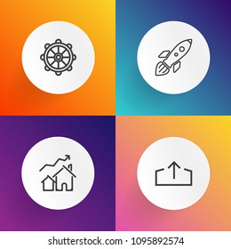 Modern, simple vector icon set on gradient backgrounds with price, exploration, home, travel, shuttle, technology, science, ship, web, astronaut, space, house, rudder, rise, button, business icons