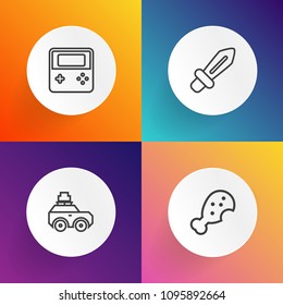 Modern, simple vector icon set on gradient backgrounds with luggage, sandwich, weapon, family, journey, war, travel, vehicle, arrow, bag, car, fried, menu, sword, ancient, summer, snack, graphic icons