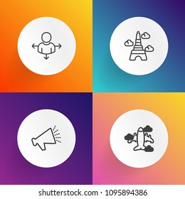 Modern, simple vector icon set on gradient backgrounds with technology, equipment, fly, tower, way, aviation, famous, europe, direction, object, sound, plane, france, road, pin, location, sign icons