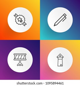 Modern, simple vector icon set on gradient backgrounds with hand, city, landmark, musical, music, drawing, write, sound, guitar, sky, urban, classical, label, capital, trumpet, architecture, pen icons