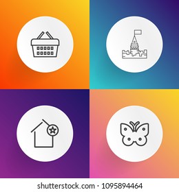 Modern, simple vector icon set on gradient backgrounds with mountain, palace, fantasy, retail, house, rent, kingdom, fairytale, butterfly, sale, landscape, web, purchase, sign, white, summer icons