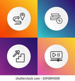 Modern, simple vector icon set on gradient backgrounds with downstairs, walk, down, play, volume, road, stairs, money, step, upstairs, media, business, player, banking, currency, investment, web icons