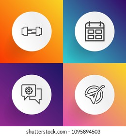 Modern, simple vector icon set on gradient backgrounds with play, concert, message, art, mobile, musical, training, string, activity, weight, business, timetable, sport, button, folk, fit, time icons