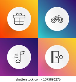 Modern, simple vector icon set on gradient backgrounds with evacuation, red, music, security, emergency, bike, symphony, pedal, sign, gift, surprise, holiday, white, bicycle, decoration, ribbon icons