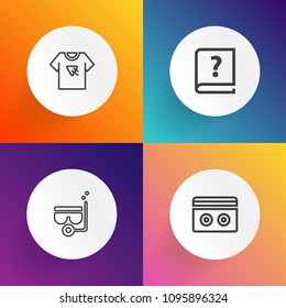 Modern, simple vector icon set on gradient backgrounds with cassette, travel, pen, stereo, snorkel, tshirt, sport, audio, diving, style, author, equipment, book, leisure, play, clothing, t-shirt icons