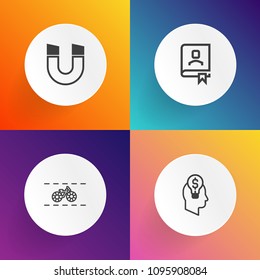 Modern, simple vector icon set on gradient backgrounds with innovation, inspiration, bicycle, wheel, address, travel, business, book, sport, idea, force, pedal, phone, south, note, cycle, magnet icons