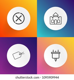Modern, simple vector icon set on gradient backgrounds with red, castle, tag, fantasy, shape, power, discount, price, cancel, palace, socket, sign, old, tower, electrical, stop, web, kingdom, no icons