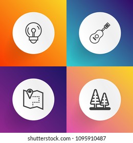 Modern, simple vector icon set on gradient backgrounds with musical, light, green, environment, travel, outdoor, forest, gps, illumination, place, sound, instrument, wood, pin, pine, power, bulb icons