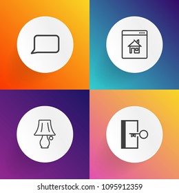 Modern, simple vector icon set on gradient backgrounds with furniture, emergency, bulb, home, electric, escape, property, dialog, light, house, arrow, estate, business, fire, table, speech, chat icons