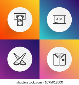 Modern, simple vector icon set on gradient backgrounds with stage, backdrop, board, card, bright, scene, education, short, banking, concert, bank, clothing, school, template, withdraw, tshirt icons