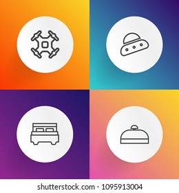Modern, simple vector icon set on gradient backgrounds with bedroom, aerial, spaceship, sky, control, suitcase, vacation, science, drone, tourism, alien, helicopter, double, journey, modern, ufo icons