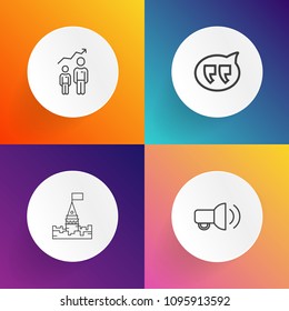 Modern, simple vector icon set on gradient backgrounds with potential, loudspeaker, king, old, fantasy, announce, motivation, human, dialog, sound, talk, development, megaphone, business, palace icons