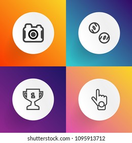 Modern, simple vector icon set on gradient backgrounds with picture, gesture, first, success, award, press, place, finance, money, photo, coin, lens, winner, sport, touch, hand, equipment, index icons