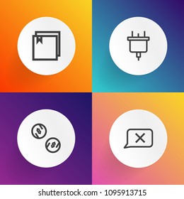 Modern, simple vector icon set on gradient backgrounds with document, electric, coin, currency, supply, power, equipment, plug, chat, communication, closed, character, cash, folder, wealth, wire icons
