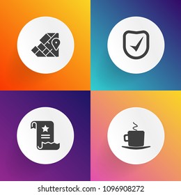 Modern, simple vector icon set on gradient backgrounds with file, security, europe, hot, espresso, restaurant, paper, document, geography, world, morning, contract, protect, earth, global, map icons
