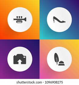 Modern, simple vector icon set on gradient backgrounds with heel, white, office, elegance, cloud, image, horn, calligraphy, elegant, nib, letter, signature, style, footwear, jazz, music, ink icons