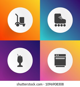 Modern, simple vector icon set on gradient backgrounds with roller, lemon, cocktail, hot, juice, equipment, cooker, package, leisure, liquid, cooking, refreshment, party, boot, alcohol, oven icons