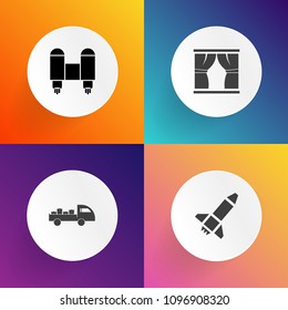 Modern, simple vector icon set on gradient backgrounds with vehicle, shipping, science, interior, auto, concept, transportation, fly, cartoon, launch, space, technology, curtain, house, cargo icons