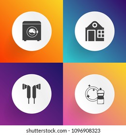 Modern, simple vector icon set on gradient backgrounds with cleaner, volume, bucket, vacuum, construction, wash, sponge, domestic, brush, appliance, clothes, city, concept, earphone, real, ear icons