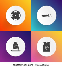 Modern, simple vector icon set on gradient backgrounds with surf, sea, leisure, bulb, basketball, shirt, surfer, extreme, action, fashion, active, object, fortune, casino, shine, wear, gambling icons
