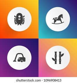 Modern, simple vector icon set on gradient backgrounds with monster, house, natural, nature, fiction, extraterrestrial, kid, tree, baby, cleaner, household, fantasy, asia, japanese, decoration icons