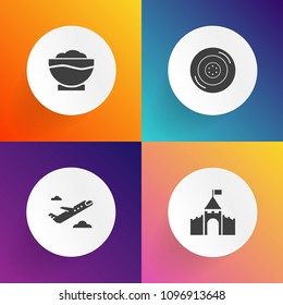 Modern, simple vector icon set on gradient backgrounds with travel, car, tower, kitchen, jet, castle, tire, coffee, history, restaurant, speed, chef, auto, airport, air, rubber, menu, beverage icons
