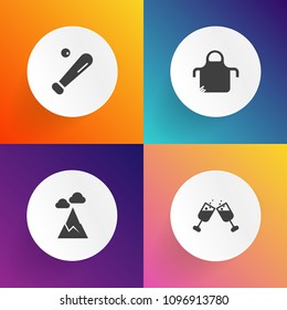 Modern, simple vector icon set on gradient backgrounds with baseball, alcohol, chain, protective, restaurant, merlot, landscape, panorama, red, league, cook, equipment, object, mountain, scenic icons