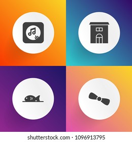 Modern, simple vector icon set on gradient backgrounds with restaurant, meat, wine, business, art, music, bow, key, architecture, object, fish, holiday, food, silhouette, drink, decoration, city icons