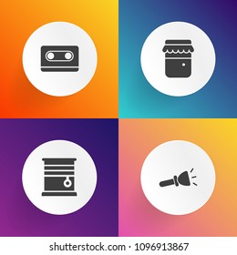 Modern, simple vector icon set on gradient backgrounds with bright, curtain, interior, audio, record, object, tool, lamp, stereo, vintage, luxury, pot, jam, glass, flash, old, retro, energy, 80s icons