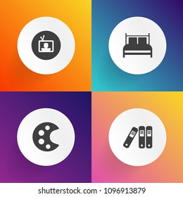 Modern, simple vector icon set on gradient backgrounds with media, element, file, motel, art, paint, tv, video, web, document, night, directory, bedroom, business, brush, furniture, object, data icons