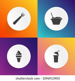 Modern, simple vector icon set on gradient backgrounds with tea, espresso, lunch, hot, food, cup, dish, mug, dinner, noodle, fork, strawberry, ice, chocolate, sign, white, bowl, knife, kitchen icons