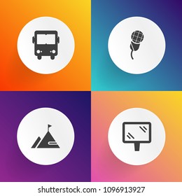 Modern, simple vector icon set on gradient backgrounds with trip, sign, city, passenger, radio, blank, transportation, mic, stop, microphone, outdoor, karaoke, frame, equipment, bus, mountain icons