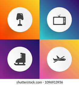 Modern, simple vector icon set on gradient backgrounds with light, luggage, media, technology, home, object, transport, no, figure, video, skate, skating, table, ice, plane, show, flight, fun icons