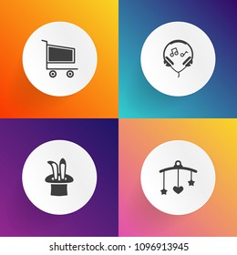 Modern, simple vector icon set on gradient backgrounds with cute, market, retail, sign, bedtime, toy, store, star, magic, purchase, boy, crib, show, sale, supermarket, mobile, wand, headset, hat icons